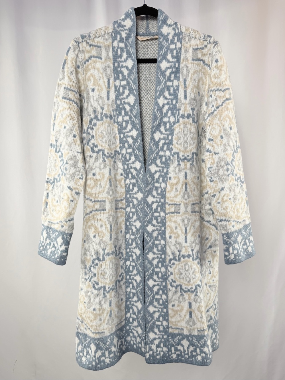 Soft Surroundings Wool Blend Barra Long Cardigan Jacket in Fair Isle Blue Cream - Picture 2 of 8